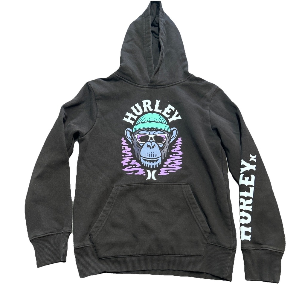 Hurley Boys Hoodie Black‎ Chimp Monkey Beanie Graphic Sweatshirt Youth Size M